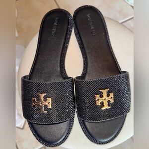 Tory Burch Pave Double T Sport Slides Sandals Perfect Black Size 9